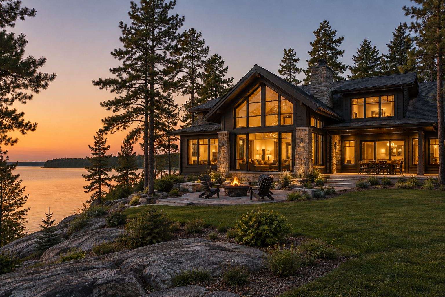 A brick traditional home at dusk, illustrative